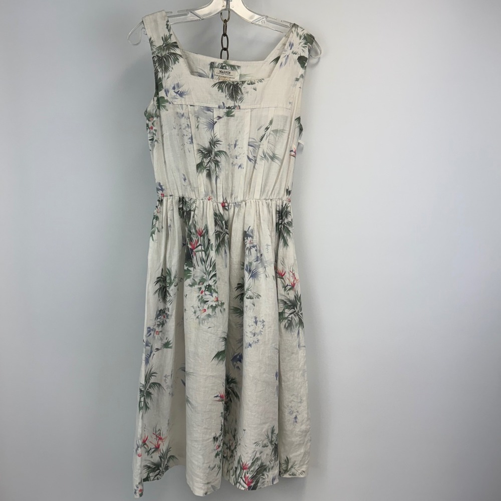 Malvin Linen Dress Women S Tropical Palm Print‎ Midi Sleeveless Resort